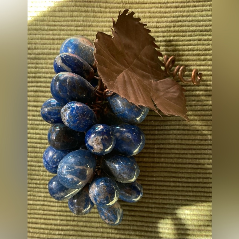 Lapis Lazuli Carved Grape Bunch / Copper Leaf - Vintage/Antique